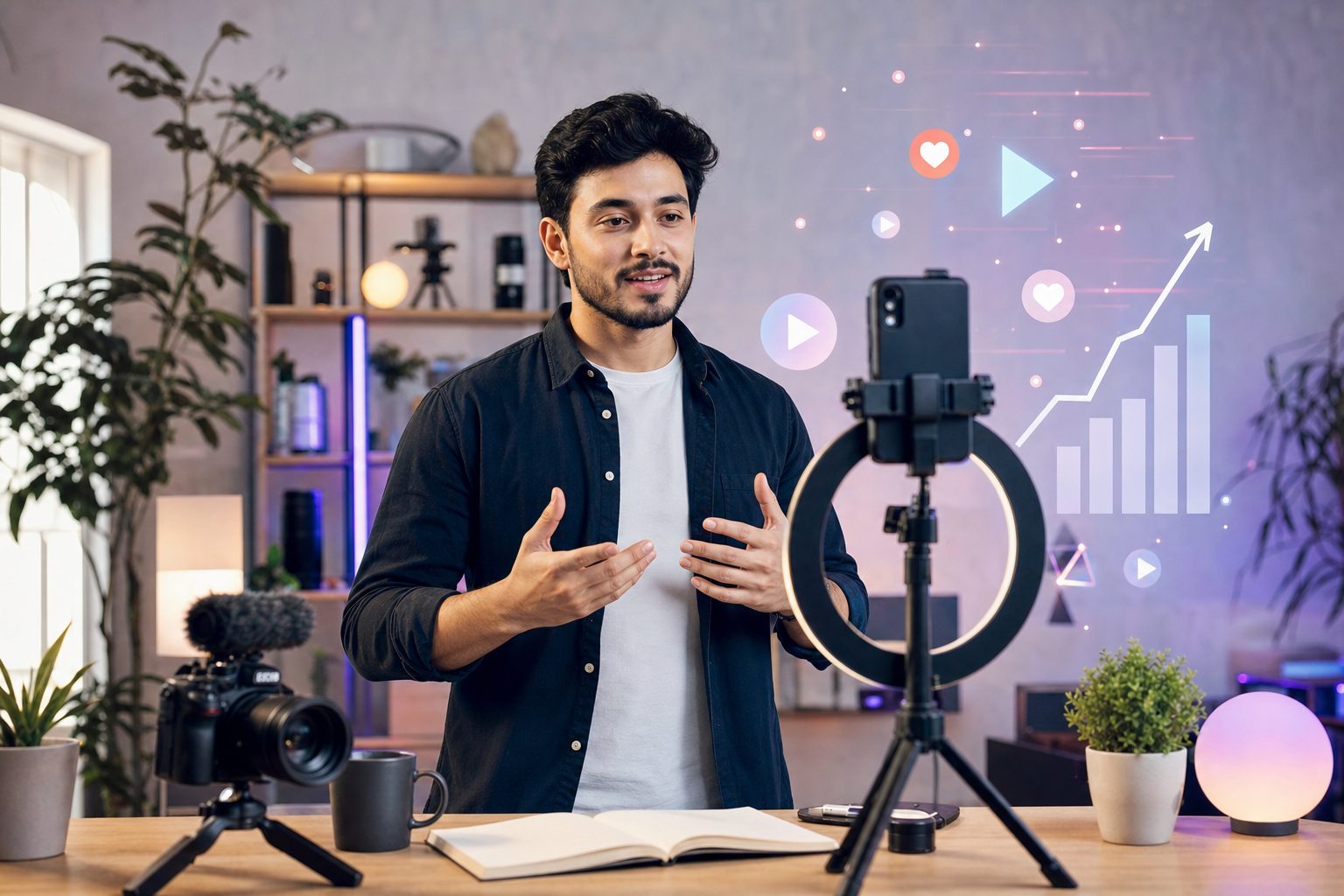 Creator filming a TikTok video with ring light and phone