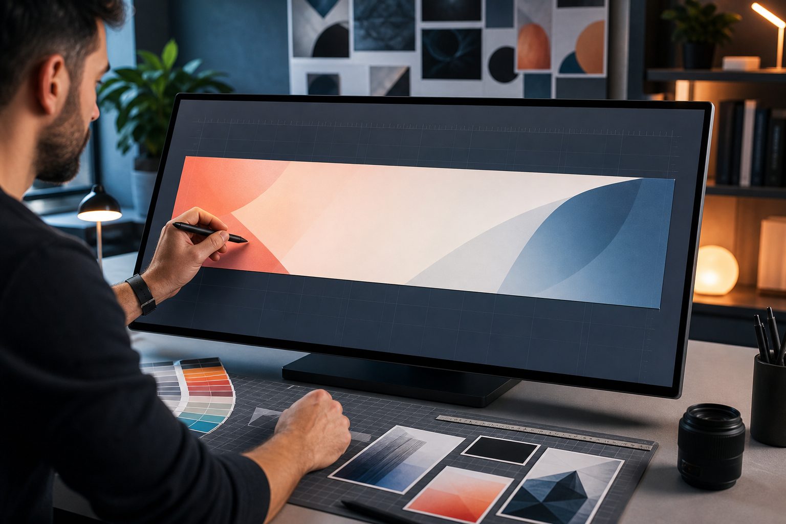 Designer creating a YouTube channel banner layout on a laptop
