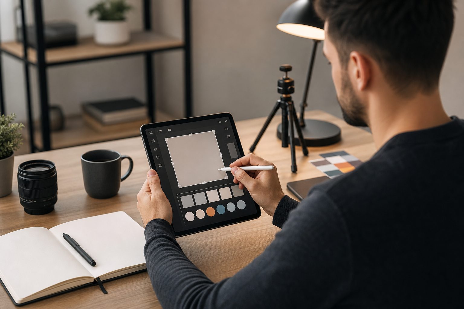 Hands designing an Instagram post layout on a laptop with images, text, and social media icons.